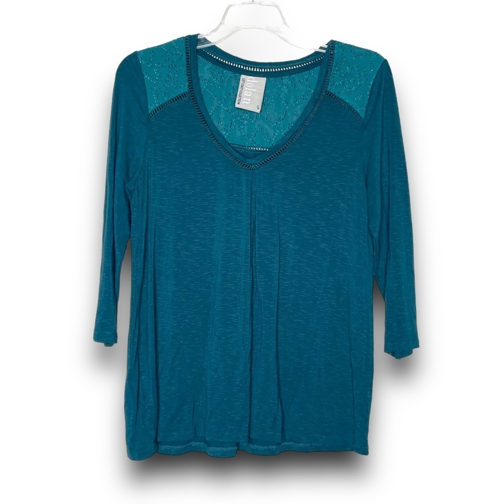 ANTHROPOLOGIE Dolan Teal Blue 3/4 Sleeve Basic T-Shirt Sheer Yoke Women’s Small